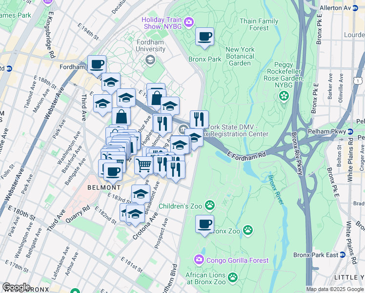 map of restaurants, bars, coffee shops, grocery stores, and more near Crotona Ave & E 189th St in Bronx