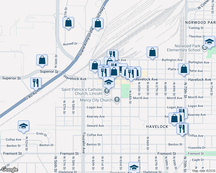 map of restaurants, bars, coffee shops, grocery stores, and more near 6128 Ballard Avenue in Lincoln