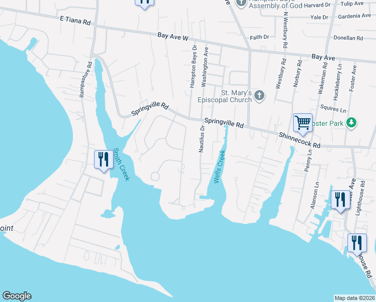 map of restaurants, bars, coffee shops, grocery stores, and more near 21 Oak Lane in Hampton Bays