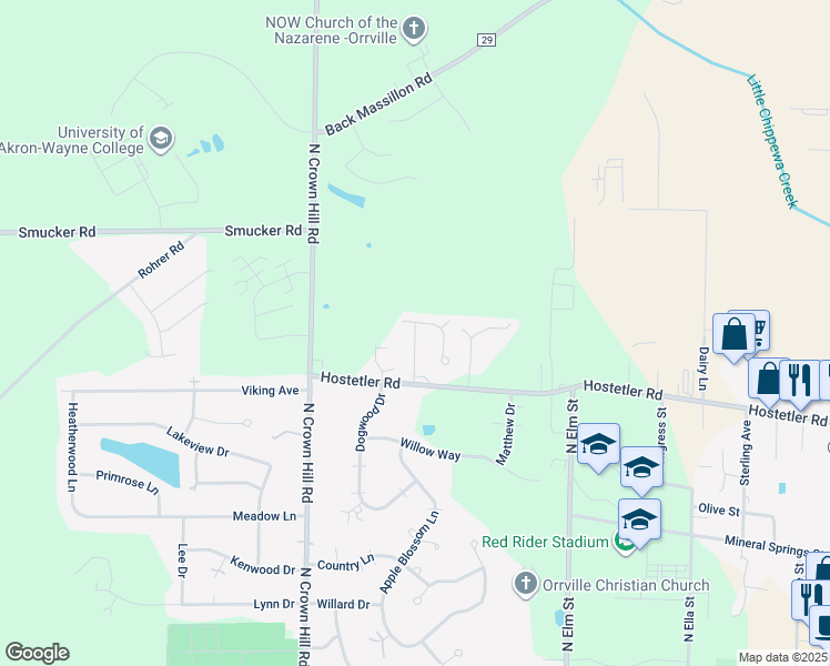 map of restaurants, bars, coffee shops, grocery stores, and more near 1356 Grace Lane in Orrville