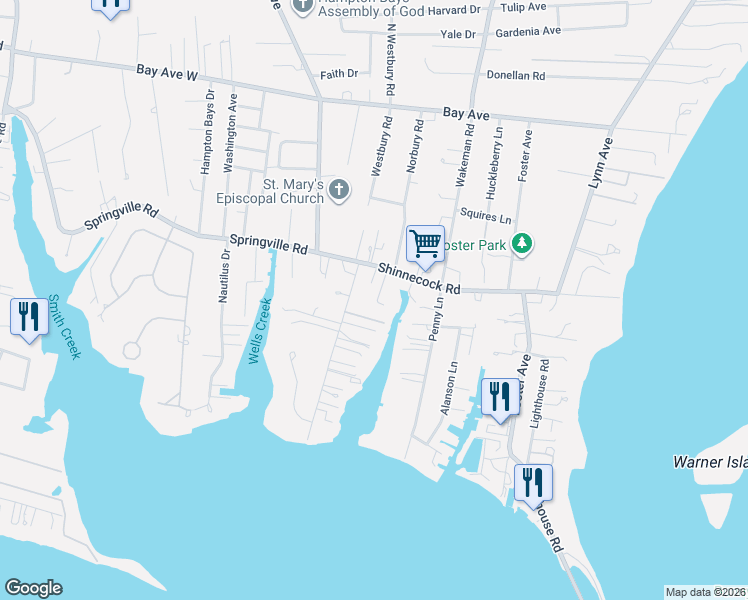 map of restaurants, bars, coffee shops, grocery stores, and more near 6 Pine Street in Hampton Bays