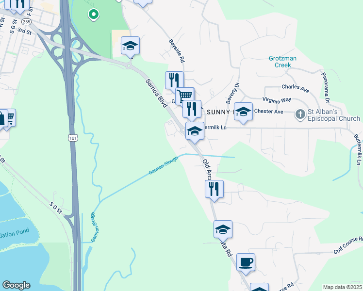 map of restaurants, bars, coffee shops, grocery stores, and more near 919 Bayside Road in Arcata