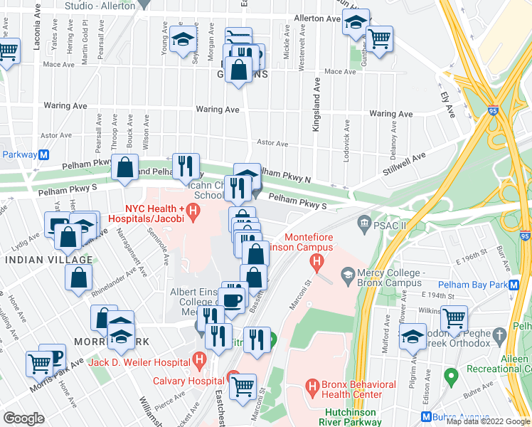 map of restaurants, bars, coffee shops, grocery stores, and more near 1551 McDonald Street in Bronx