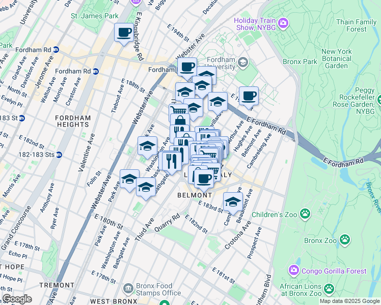map of restaurants, bars, coffee shops, grocery stores, and more near 2385 Lorillard Place in Bronx