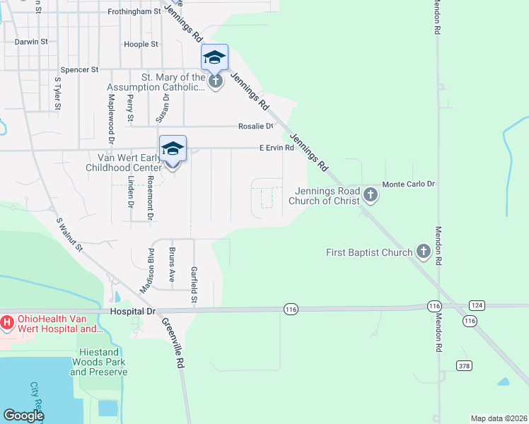 map of restaurants, bars, coffee shops, grocery stores, and more near 1098 Shawnee Drive in Van Wert
