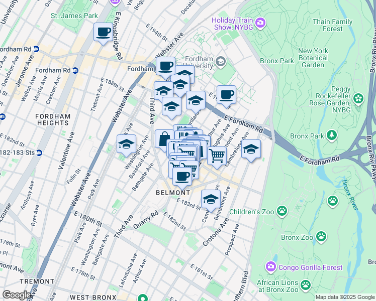 map of restaurants, bars, coffee shops, grocery stores, and more near in The Bronx