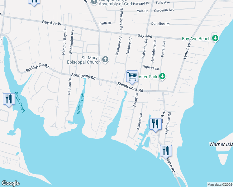 map of restaurants, bars, coffee shops, grocery stores, and more near 6 Pine Street in Hampton Bays