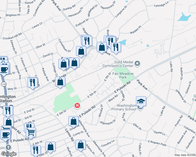 map of restaurants, bars, coffee shops, grocery stores, and more near 2305 Townhome Way in Huntington Station