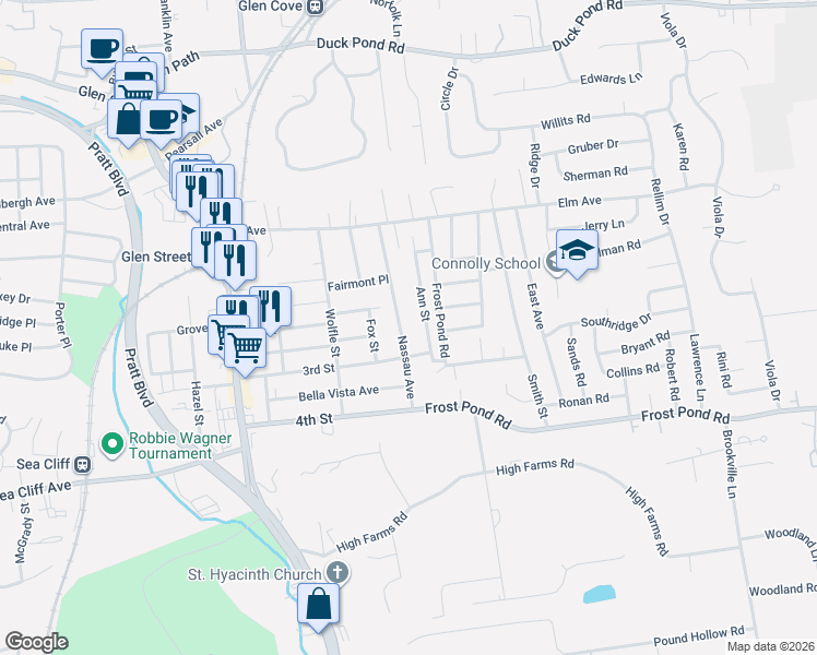 map of restaurants, bars, coffee shops, grocery stores, and more near 55 Nassau Avenue in Glen Cove