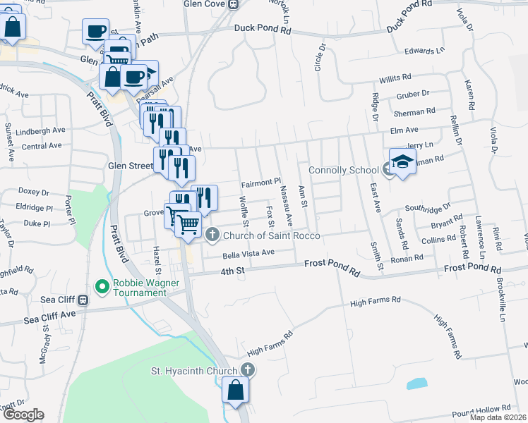 map of restaurants, bars, coffee shops, grocery stores, and more near 55 3rd Street in Glen Cove