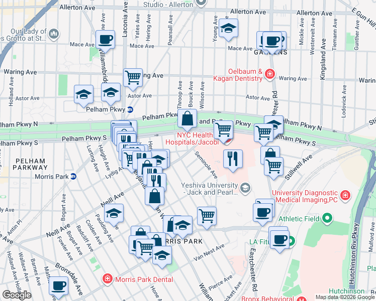 map of restaurants, bars, coffee shops, grocery stores, and more near 1220 Neill Avenue in Bronx