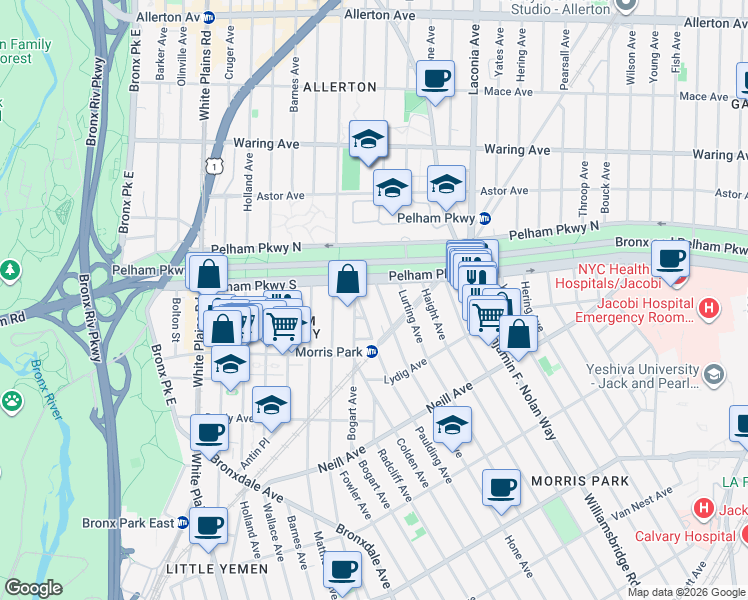 map of restaurants, bars, coffee shops, grocery stores, and more near 2159 Hone Avenue in Bronx