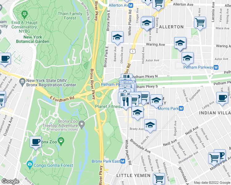 map of restaurants, bars, coffee shops, grocery stores, and more near 2185 Bolton Street in The Bronx