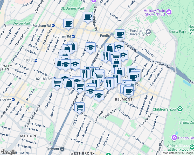 map of restaurants, bars, coffee shops, grocery stores, and more near in Bronx