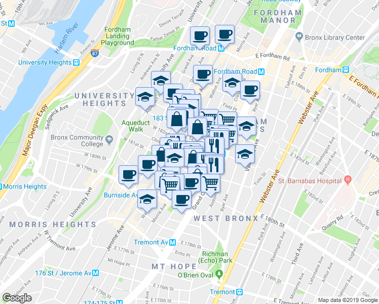 map of restaurants, bars, coffee shops, grocery stores, and more near in The Bronx