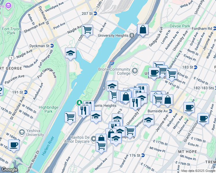 map of restaurants, bars, coffee shops, grocery stores, and more near in The Bronx