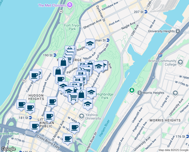 map of restaurants, bars, coffee shops, grocery stores, and more near 530 Audubon Avenue in New York