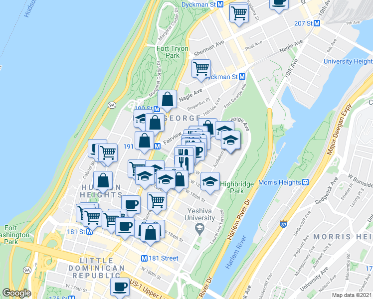 map of restaurants, bars, coffee shops, grocery stores, and more near 341 Wadsworth Avenue in New York