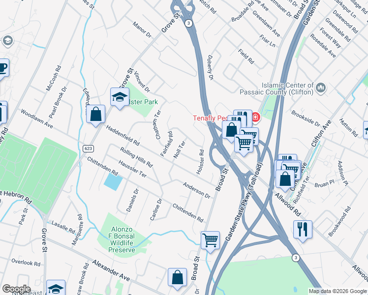map of restaurants, bars, coffee shops, grocery stores, and more near 5 Robinson Terrace in Clifton