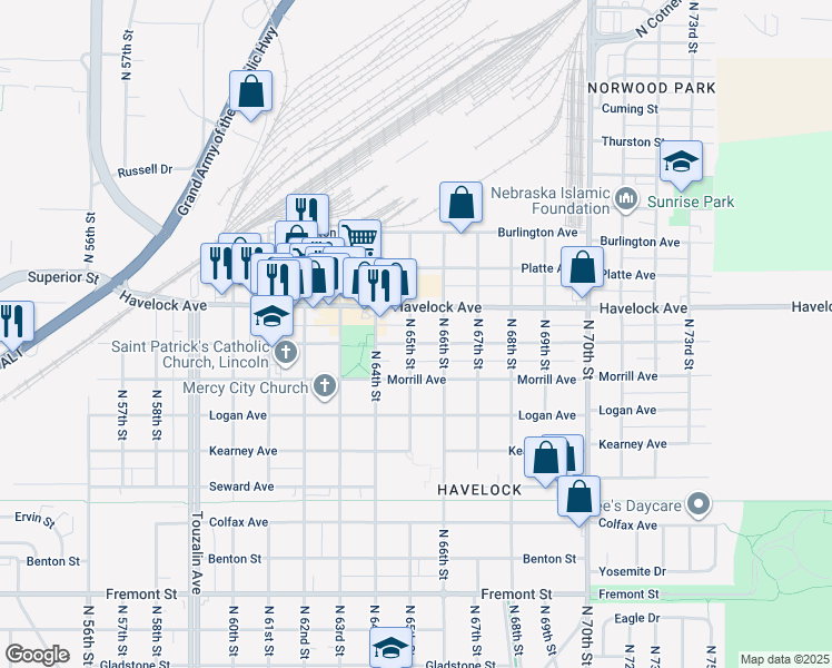 map of restaurants, bars, coffee shops, grocery stores, and more near 6503 Ballard Avenue in Lincoln
