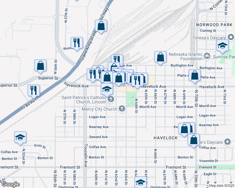 map of restaurants, bars, coffee shops, grocery stores, and more near 6126 Morrill Avenue in Lincoln