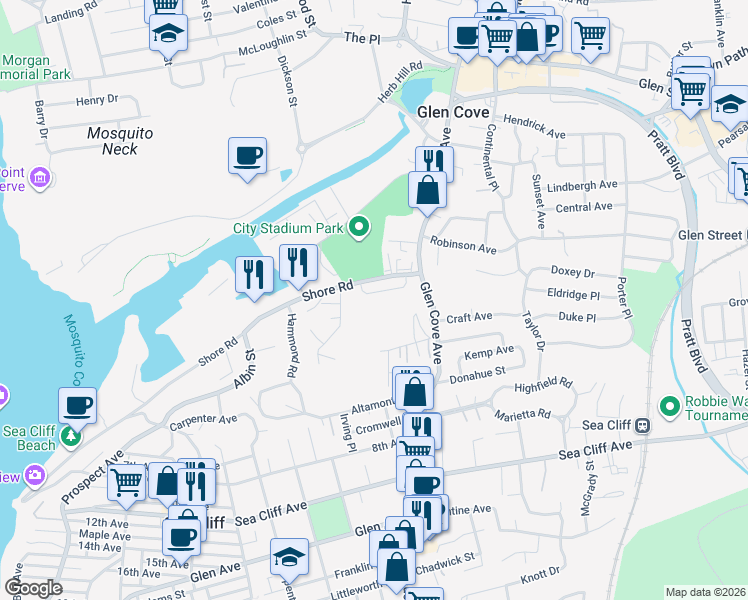 map of restaurants, bars, coffee shops, grocery stores, and more near 6 Burns Avenue in Glen Cove