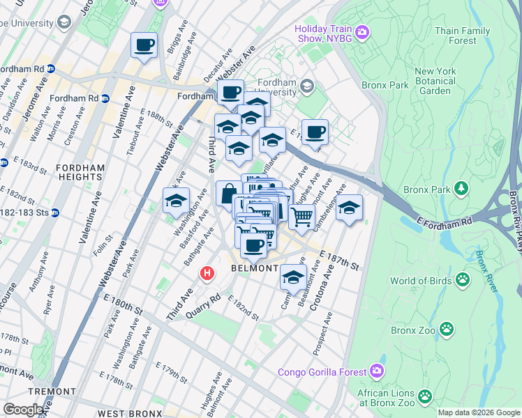 map of restaurants, bars, coffee shops, grocery stores, and more near in The Bronx