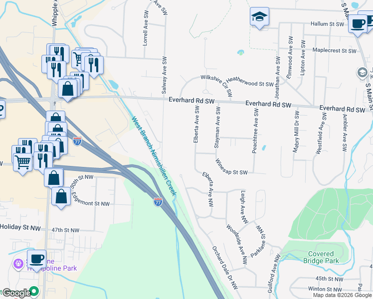 map of restaurants, bars, coffee shops, grocery stores, and more near 1649 Elberta Avenue Southwest in Canton