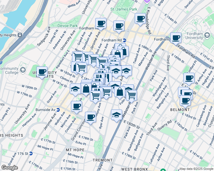 map of restaurants, bars, coffee shops, grocery stores, and more near 2236 Grand Concourse in The Bronx
