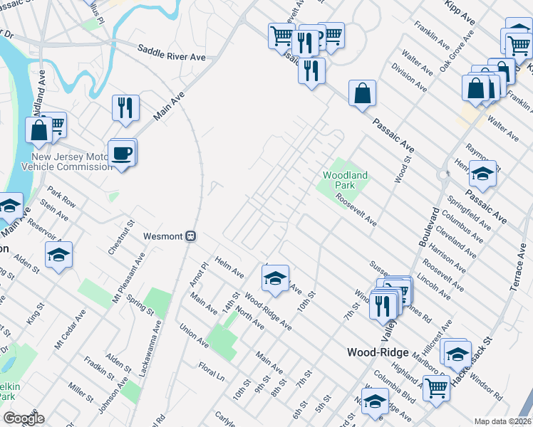 map of restaurants, bars, coffee shops, grocery stores, and more near 100 Marshall Lane in Wood-Ridge