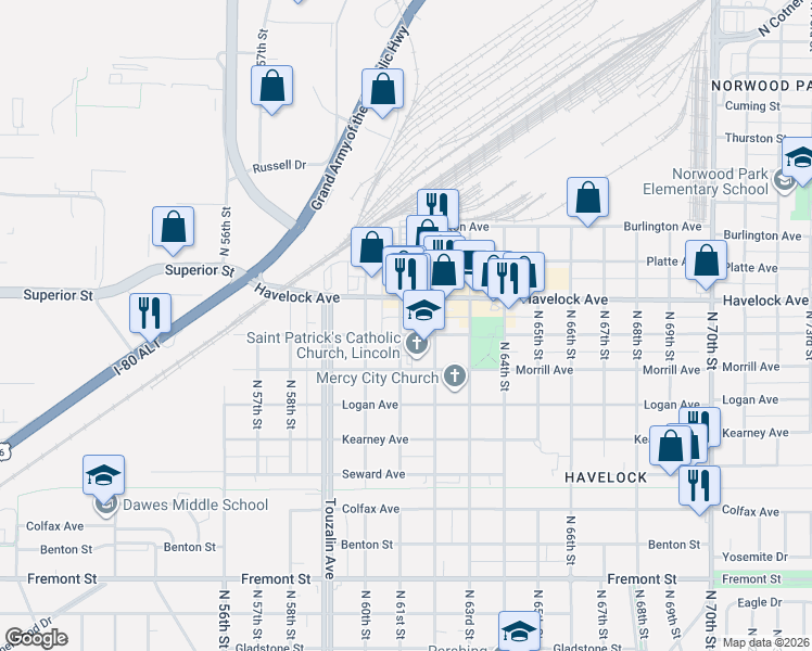 map of restaurants, bars, coffee shops, grocery stores, and more near 4241 North 61st Street in Lincoln