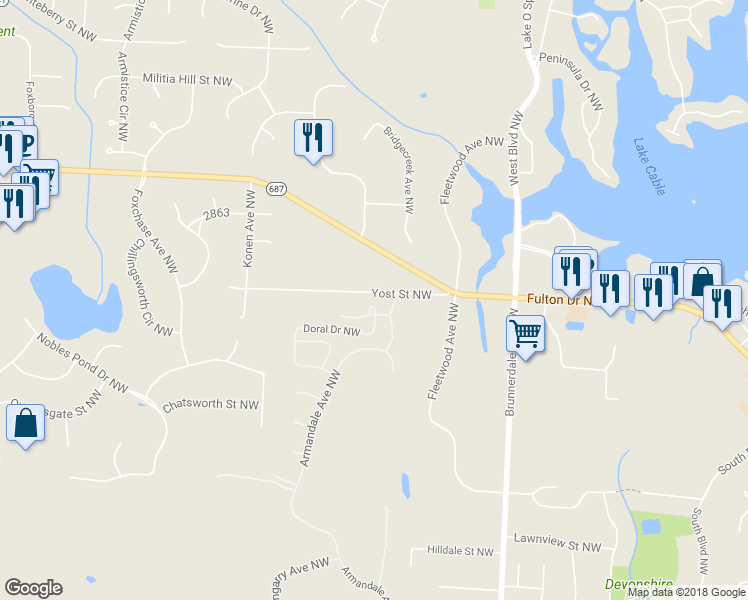 map of restaurants, bars, coffee shops, grocery stores, and more near 5192 Sea Pines Circle Northwest in Canton