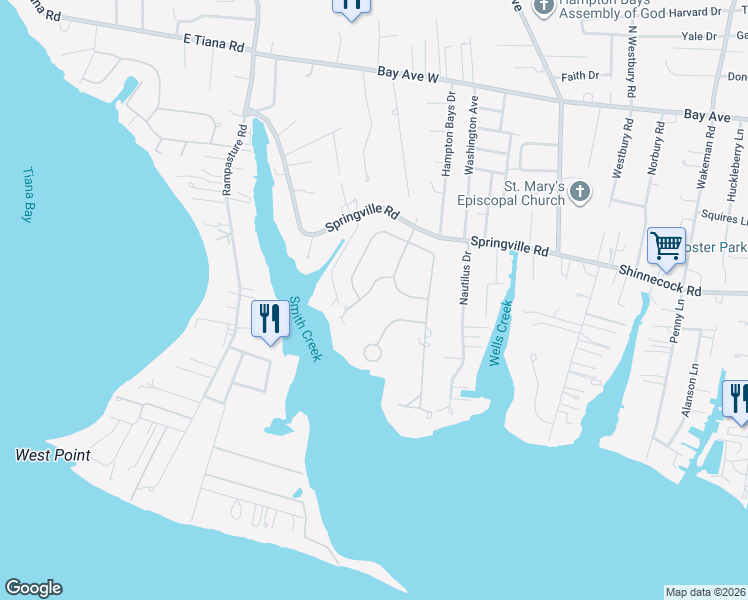 map of restaurants, bars, coffee shops, grocery stores, and more near 9 Canal Way in Hampton Bays