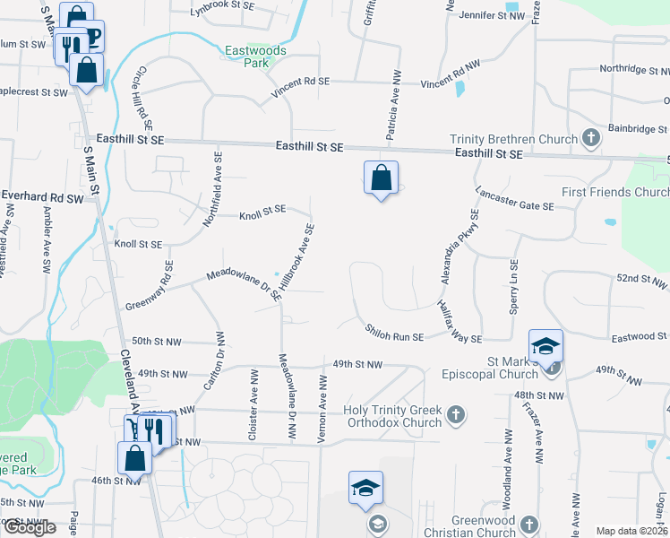 map of restaurants, bars, coffee shops, grocery stores, and more near 145 Grassmere Street Southeast in North Canton