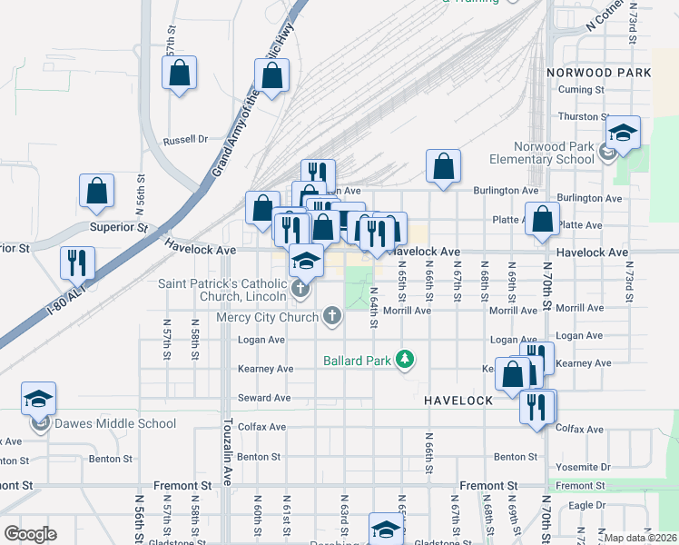 map of restaurants, bars, coffee shops, grocery stores, and more near 6243 Ballard Avenue in Lincoln