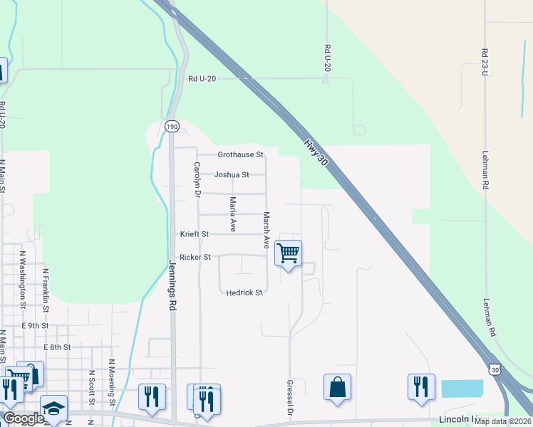 map of restaurants, bars, coffee shops, grocery stores, and more near 1399 Marsh Ave in Delphos