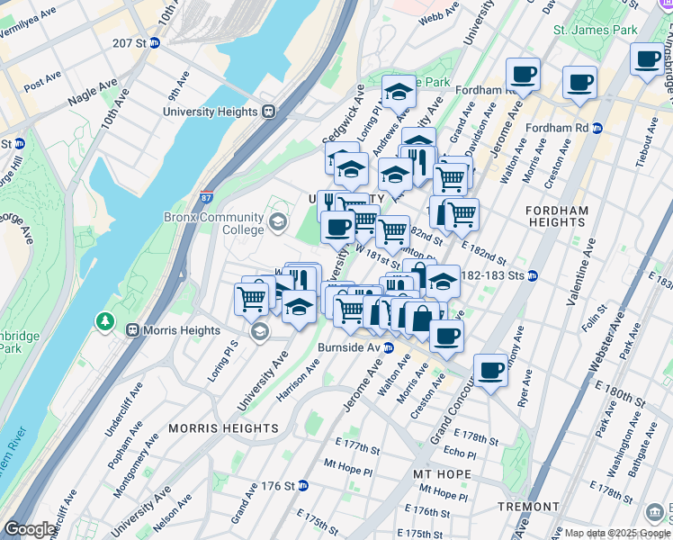 map of restaurants, bars, coffee shops, grocery stores, and more near 2085 University Avenue in The Bronx