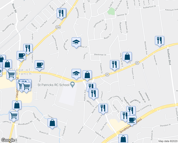 map of restaurants, bars, coffee shops, grocery stores, and more near 319 East Main Street in Smithtown