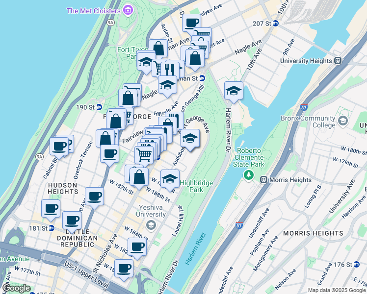 map of restaurants, bars, coffee shops, grocery stores, and more near Audubon Ave & W 193rd St in New York