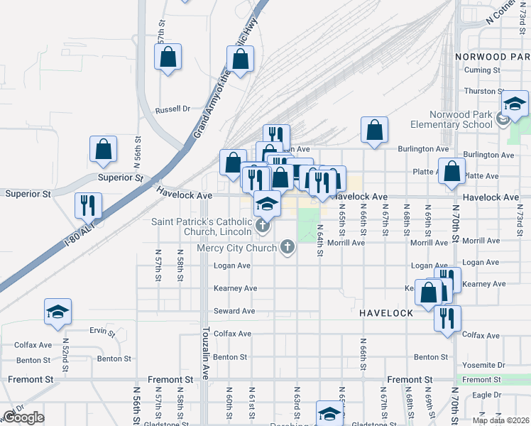 map of restaurants, bars, coffee shops, grocery stores, and more near 6128 Ballard Avenue in Lincoln