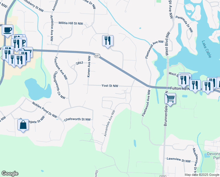 map of restaurants, bars, coffee shops, grocery stores, and more near 6468 Yost Street Northwest in Canton