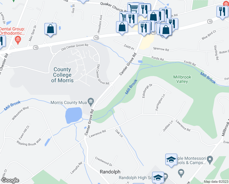 map of restaurants, bars, coffee shops, grocery stores, and more near 203 Center Grove Road in Randolph