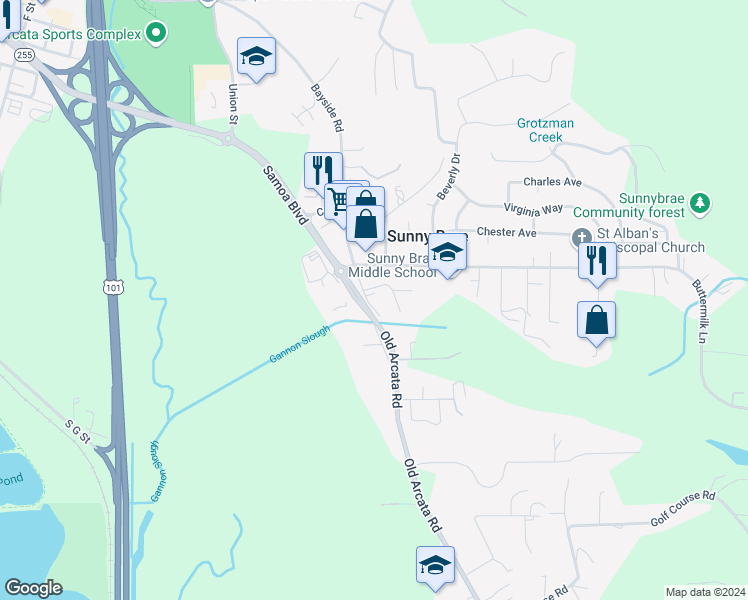 map of restaurants, bars, coffee shops, grocery stores, and more near 876 Bayside Road in Arcata