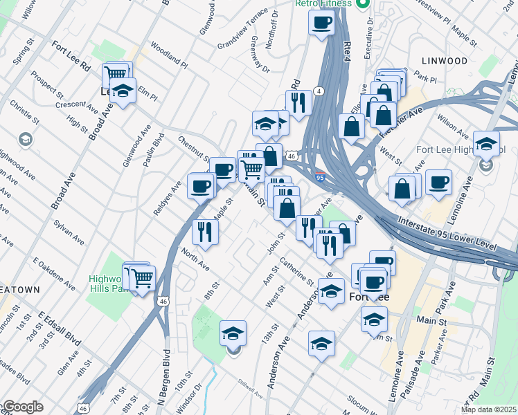 map of restaurants, bars, coffee shops, grocery stores, and more near in Fort Lee