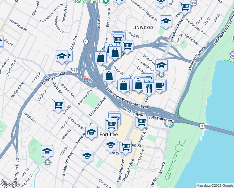 map of restaurants, bars, coffee shops, grocery stores, and more near 326 Bridge Plaza North in Fort Lee