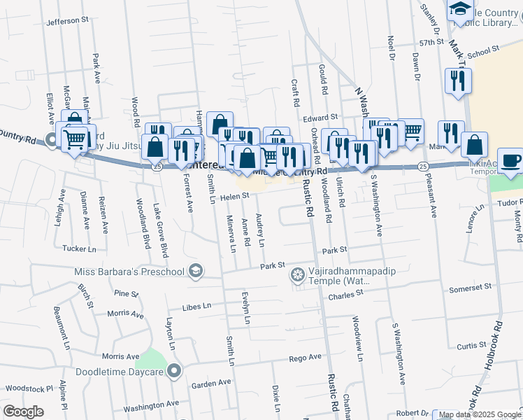 map of restaurants, bars, coffee shops, grocery stores, and more near 11 Helen Street in Centereach