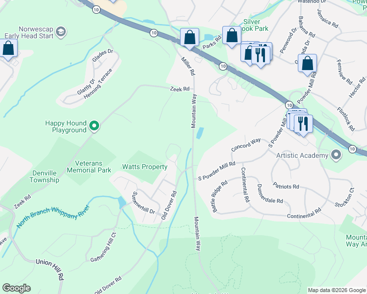 map of restaurants, bars, coffee shops, grocery stores, and more near 740 Mountain Way in Morris Plains