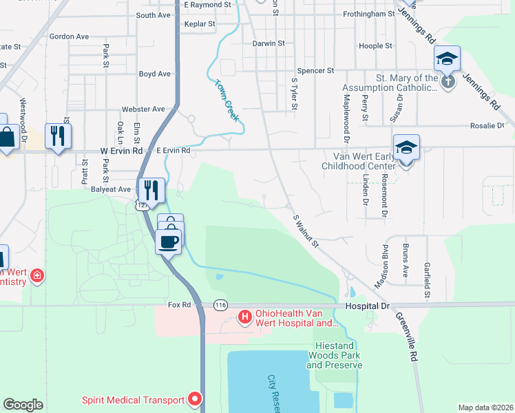 map of restaurants, bars, coffee shops, grocery stores, and more near Warren Road in Van Wert