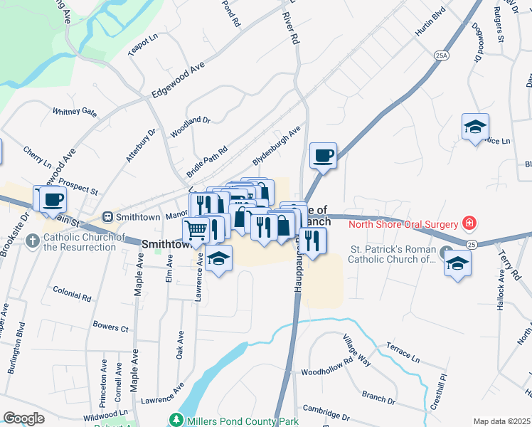 map of restaurants, bars, coffee shops, grocery stores, and more near 23 Bellemeade Avenue in Smithtown