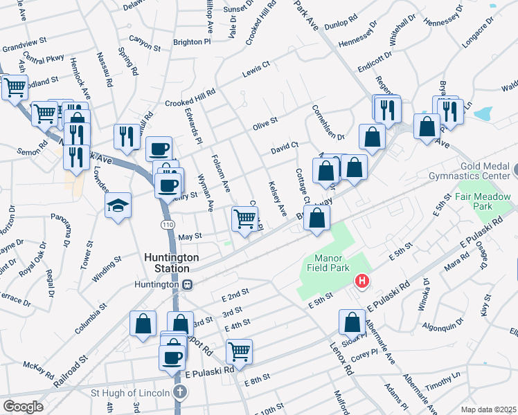 map of restaurants, bars, coffee shops, grocery stores, and more near 23 Corlett Place in Huntington Station